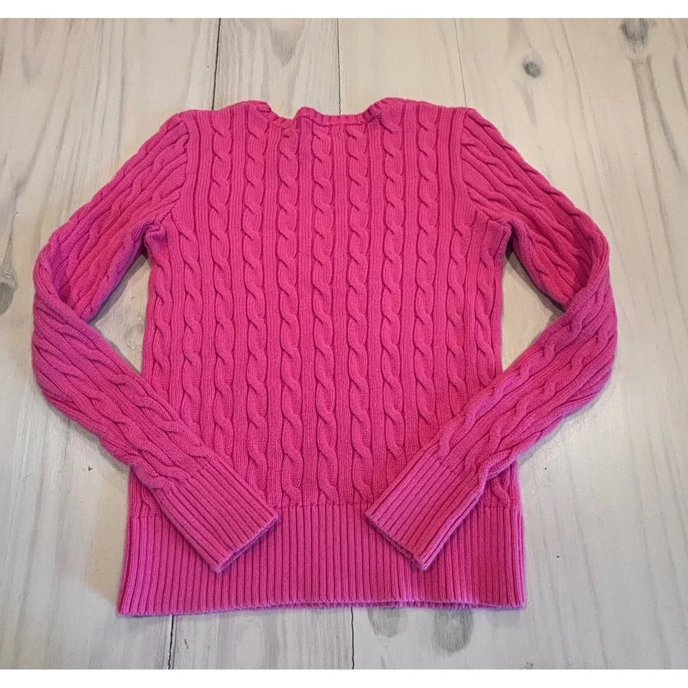 Ralph Lauren Girls Pink Cable Knit Cotton Sweater Green Pony Logo L 12/14 Peppy